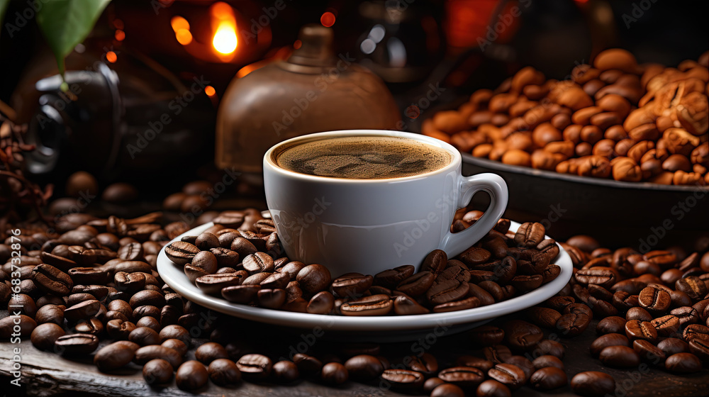 Freshly Roasted and Brewed Coffee With a Coffee Cup on a Table Background Selective Focus Freshly Roasted and Brewed Coffee With a Coffee Cup on a Table Background Selective Focus