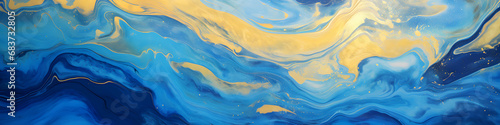 Abstract marbling marble oil acrylic paint background illustration art wallpaper - Blue gold color with waving waves swirls liquid fluid texture banner painting textur, brochure, header, generative ai