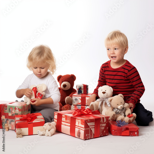 Christmas Preparation: Children surrounded by gifts and decorations, older generations helping or watching with a smile. Isolated on a white background