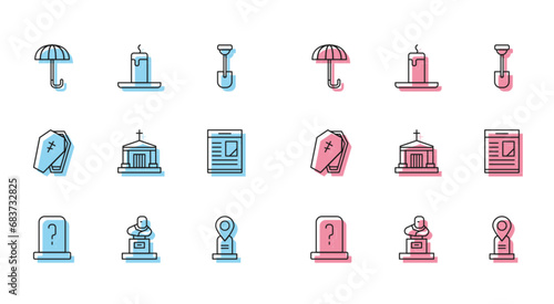 Set line Grave with tombstone, Umbrella, Location grave, Old crypt, Obituaries, Coffin cross and Burning candle icon. Vector