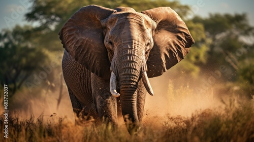 elephant with raised running across a grass field, wildlife photography