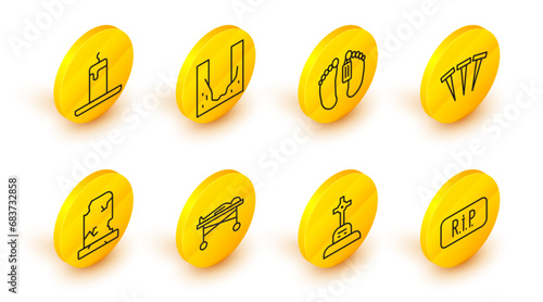 Set line Speech bubble rip death, Grave with cross, Dead body in the morgue, Old grave tombstone, Metallic nails, Cemetery digged hole and Burning candle icon. Vector