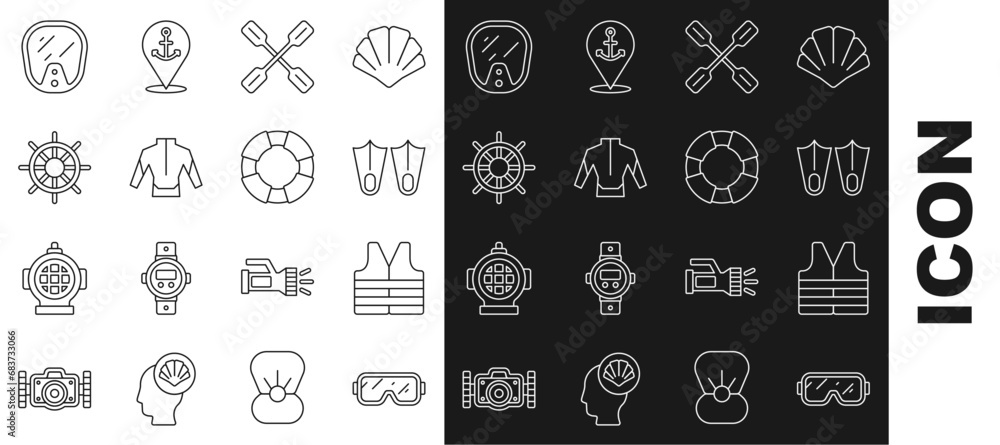 Set line Diving mask, Life jacket, Rubber flippers, Paddle, Wetsuit, Ship steering wheel, and Lifebuoy icon. Vector Set line Diving mask, Life jacket, Rubber flippers, Paddle, Wetsuit, Ship steering wheel, and Lifebuoy icon. Vector