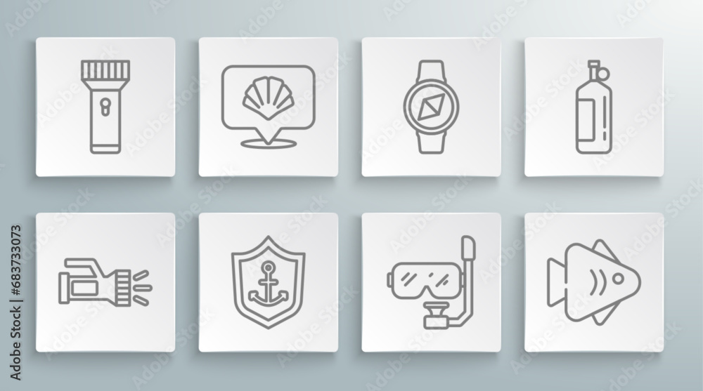 Set line Flashlight, Scallop sea shell, Anchor inside shield, Diving mask and snorkel, Fish, Compass, Aqualung and icon. Vector Set line Flashlight, Scallop sea shell, Anchor inside shield, Diving mask and snorkel, Fish, Compass, Aqualung and icon. Vector