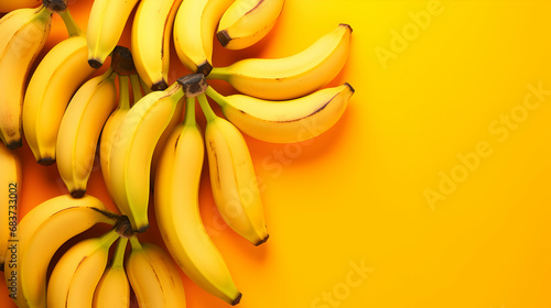 Banana fruits on orange, yellow background. Fresh organic banana exotic fruit backdrop pattern, top view. Generative ai. photo