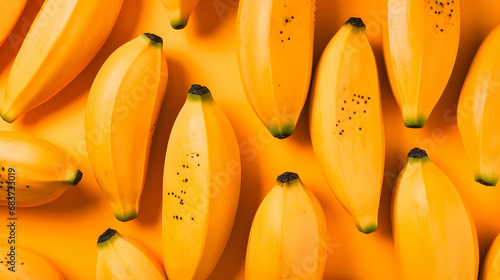 Banana fruits on orange, yellow background. Fresh organic banana exotic fruit backdrop pattern, top view. Generative ai. © pawczar