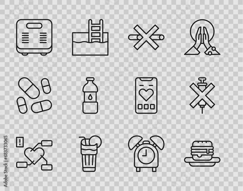 Set line Attention to health heart, Junk food, No Smoking, Fresh smoothie, Bathroom scales, Bottle of water, Alarm clock and doping syringe icon. Vector