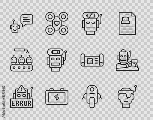 Set line Error in robot, Smart glasses, Robot low battery charge, Battery, Bot, and humanoid driving car icon. Vector