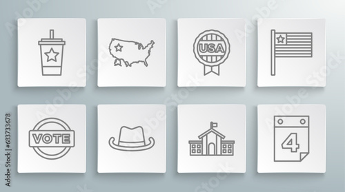 Set line Vote, USA map, Western cowboy hat, United States Capitol Congress, Calendar with date July 4, Medal star, American flag and Paper glass straw icon. Vector