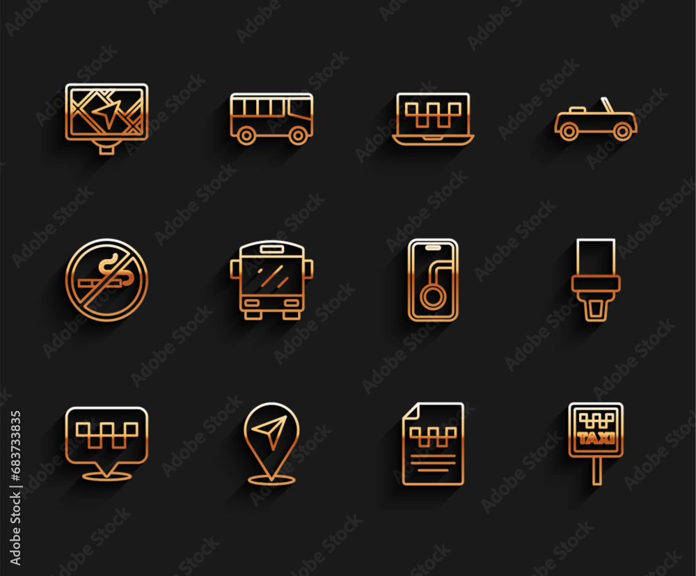 Set line Location with taxi, Gps device map, Taxi driver license, Road sign for stand, Bus, Safety belt and City navigation icon. Vector Set line Location with taxi, Gps device map, Taxi driver license, Road sign for stand, Bus, Safety belt and City navigation icon. Vector