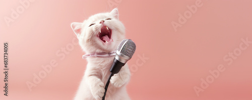 Happy cat singing into a microphone photo
