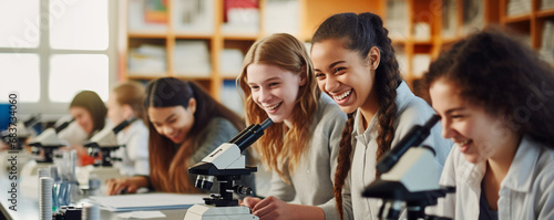 High school students using microscopes in the science class photo