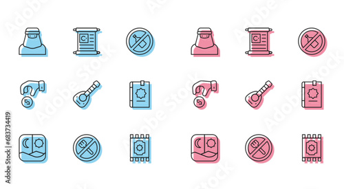 Set line Ramadan fasting, Muslim woman niqab, Traditional carpet, Lute, Holy book of Koran, Donate pay your zakat and icon. Vector
