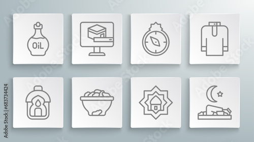 Set line Ramadan Kareem lantern, Kaaba mosque, Date fruit in bowl, Muslim Mosque, man prays, Qibla, Shirt kurta and Essential oil bottle icon. Vector