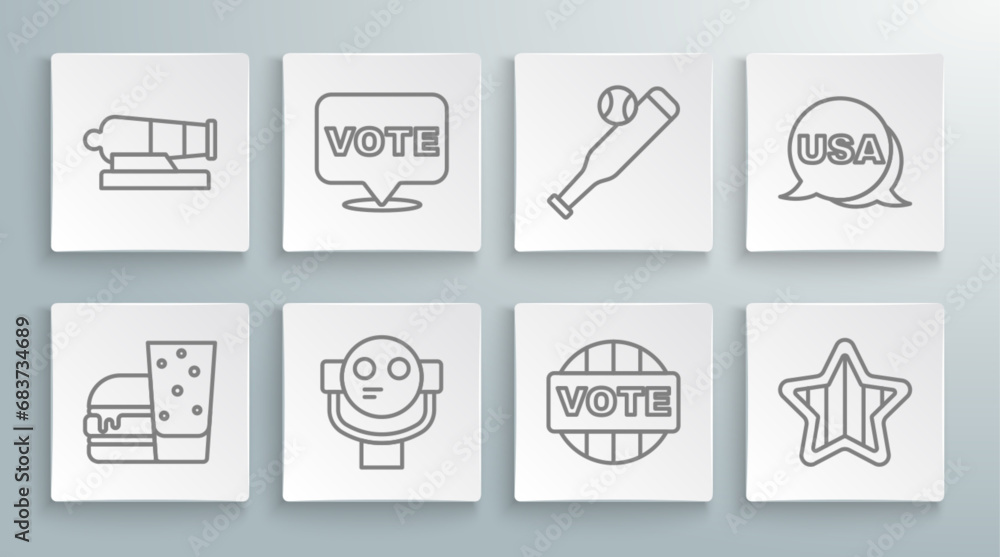 Fototapeta premium Set line Burger, Vote, Tourist binoculars, USA Independence day, Baseball bat with ball, and Cannon icon. Vector