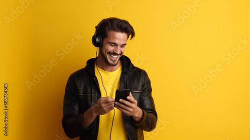 Happy chill man listening to music in wireless headphones. © Yuwarin