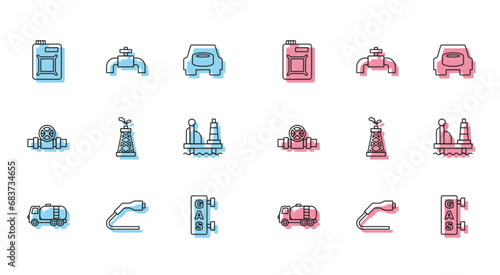 Set line Tanker truck, Electrical cable plug charging, Canister for motor oil, Gas filling station, Oil rig, platform the sea, Metallic pipes and valve and icon. Vector