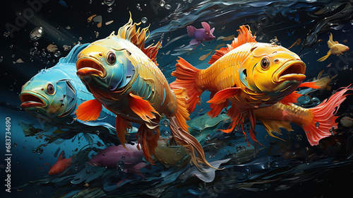 A Playful Group Of Colorful Fishes Oil Painting Background photo