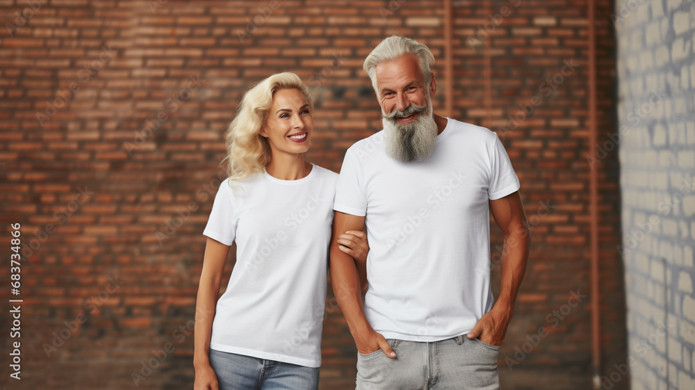 Elderly couple wearing white t-shirts - obrazy, fototapety, plakaty 