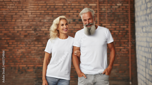Elderly couple wearing white t-shirts
