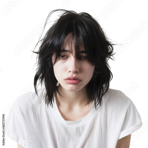 Depressed woman exhausted and suffering from insomnia on isolated transparent background photo