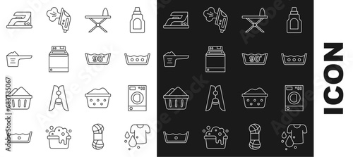 Set line Dirty t-shirt, Washer, Temperature wash, Iron and ironing board, Washing powder, Electric and icon. Vector