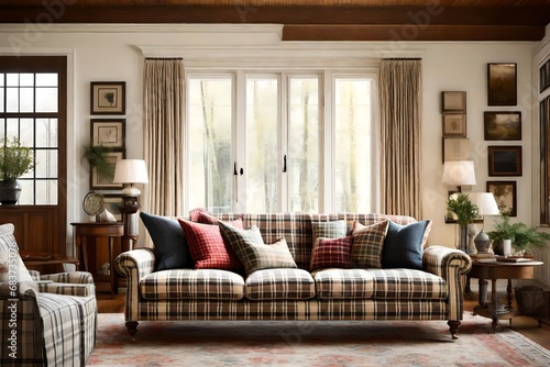 Capture the timeless charm of a plaid sofa in a well-lit, inviting living space.  © Imtisal