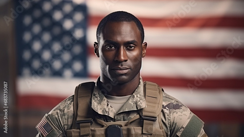 American man soldier in military uniform on background of usa flag. Patriot Day.