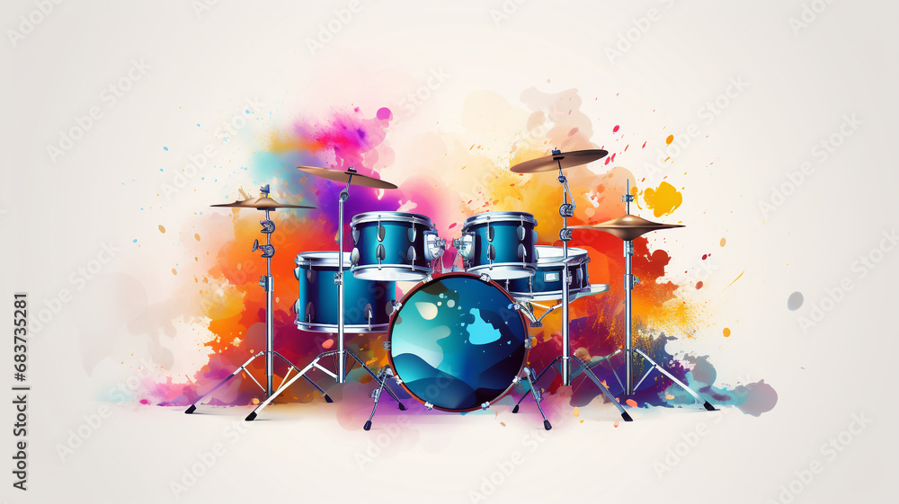 World music day banner with drum set on abstract colorful