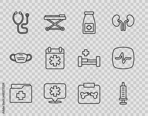 Set line Patient record, Syringe, Medicine bottle and pills, Location hospital, Stethoscope, Doctor appointment, X-ray shots with broken bone and Heart rate icon. Vector