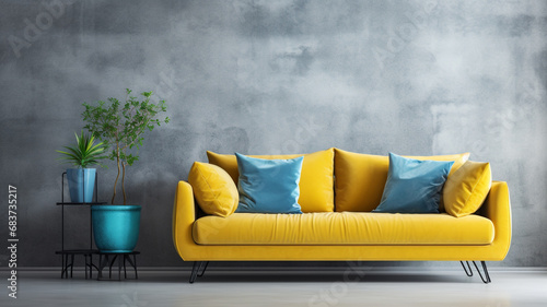 vibrant yellow sofa with gray concrete wall. Minimalist, loft home interior design of modern living room.