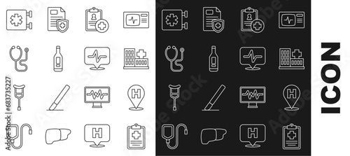 Set line Patient record, Location hospital, Hospital building, Digital thermometer, Stethoscope, Emergency - Star of Life and Heart rate icon. Vector