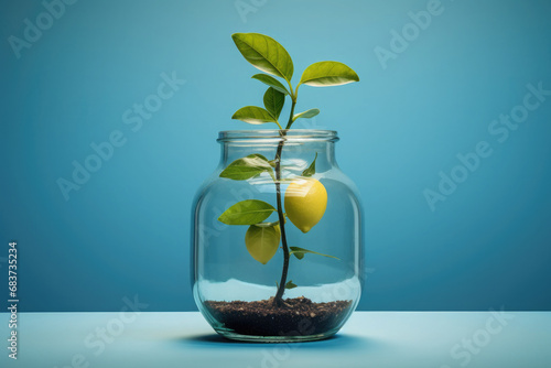 Small lemon tree inside the jar. AI generative art