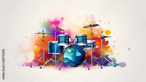 World music day banner with drum set on abstract colorful