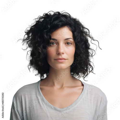 Close-up portrait of beautiful smiling woman with curly hairstyle isolated on transparent background