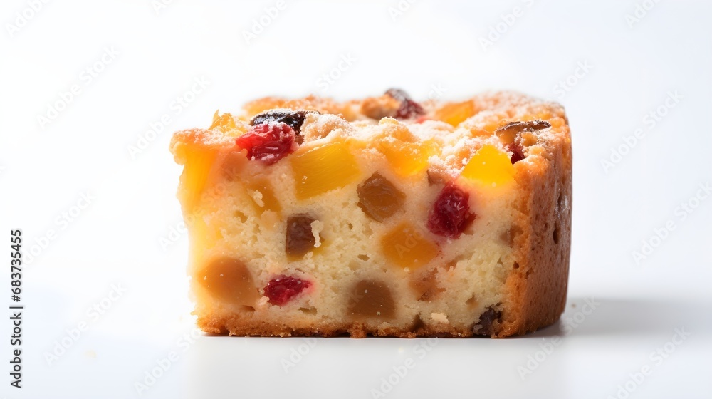 Close-up Portrait of a Fruitcake against white background with space for text, AI generated, background image Close-up Portrait of a Fruitcake against white background with space for text, AI generated, background image