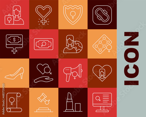 Set line Dating app, Heart with female, Packaging of birth control pills, Gender shield, Female, Money growth woman, Feminist activist and Women from different countries icon. Vector