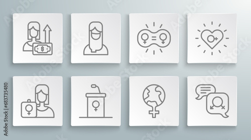 Set line Feminist activist, Muslim woman hijab, Debate podium rostrum, Feminism the world, Gender equality, and Money growth icon. Vector