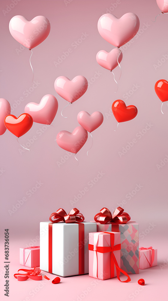 3d, Valentine's day background with copy space, present boxes with red hearts flying in the air on a pink background, subtle surface decoration, matte photo