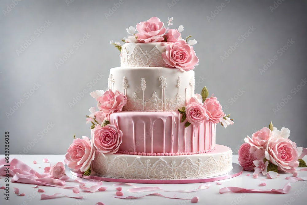 slective view . Three tiered cake highly detailed, decorated with pink and white fondant, 8k. slective view . Three tiered cake highly detailed, decorated with pink and white fondant, 8k.