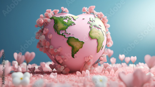 3d, the Earth decorated for Valentine's day, 3d, the Earth decorated for Valentine's day, Earth in a heart on top of tulips and pink flowers, in the style of light pink and sky-blue, rural china, cher photo