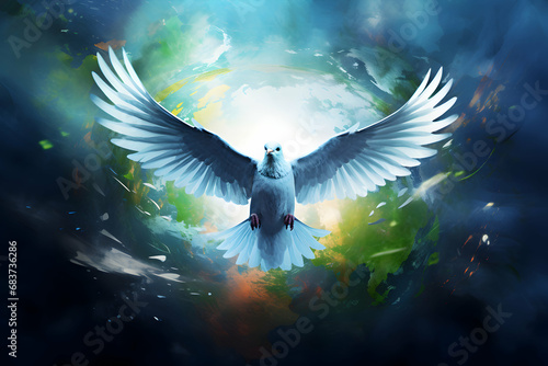 International day of world peace. A white dove with spread wings flies. Peace and security. Copy space, generative ai
