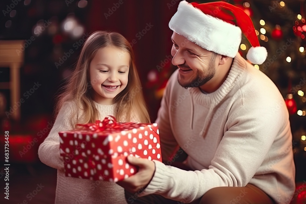 Girl child and his father are holding a large gift box on the background of a Christmas tree. New Year's surprise. Girl child and his father are holding a large gift box on the background of a Christmas tree. New Year's surprise.