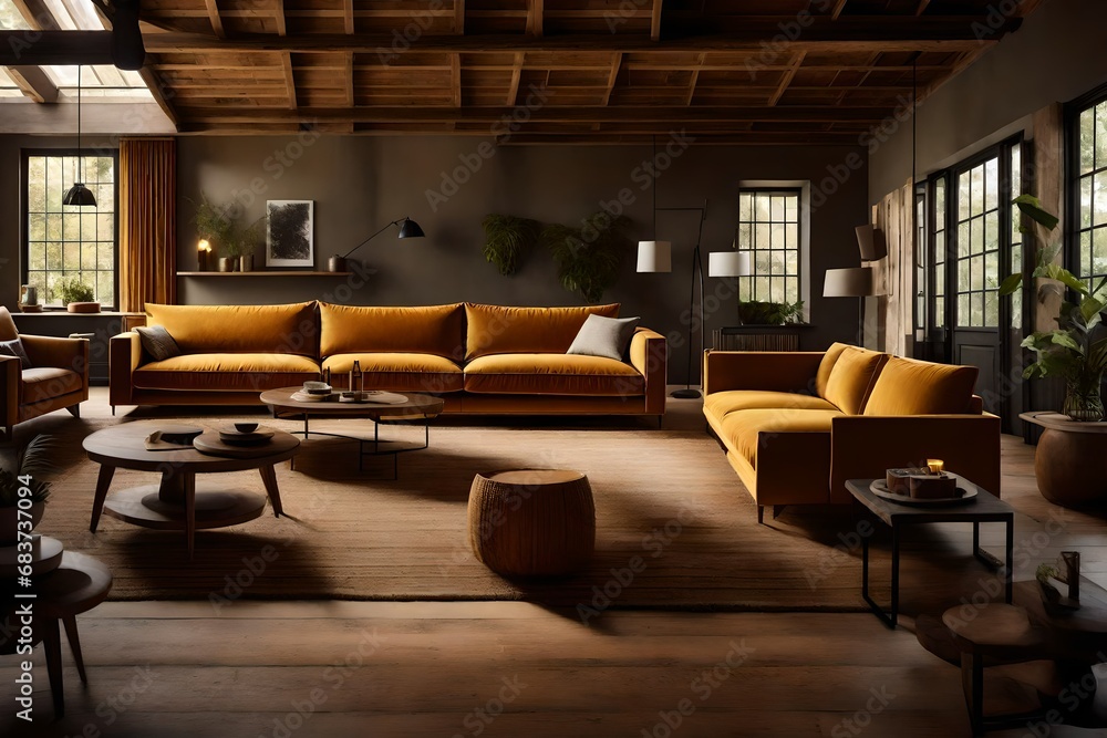 Illustrate the earthy tones of an Ochre Color Sofa, harmonizing with nature and warmth in a rustic setting. 