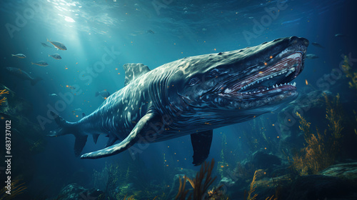 A Gigantic Great White Shark Blue Whale In Crystal Clear Water with Caustic Reflections Background
