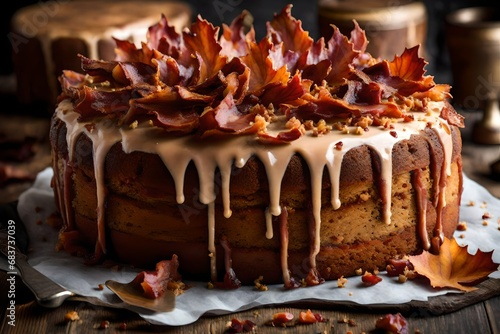 Maple Bacon Bourbon Cake, a savory-sweet masterpiece featuring the indulgence of bacon, maple, and bourbon. 