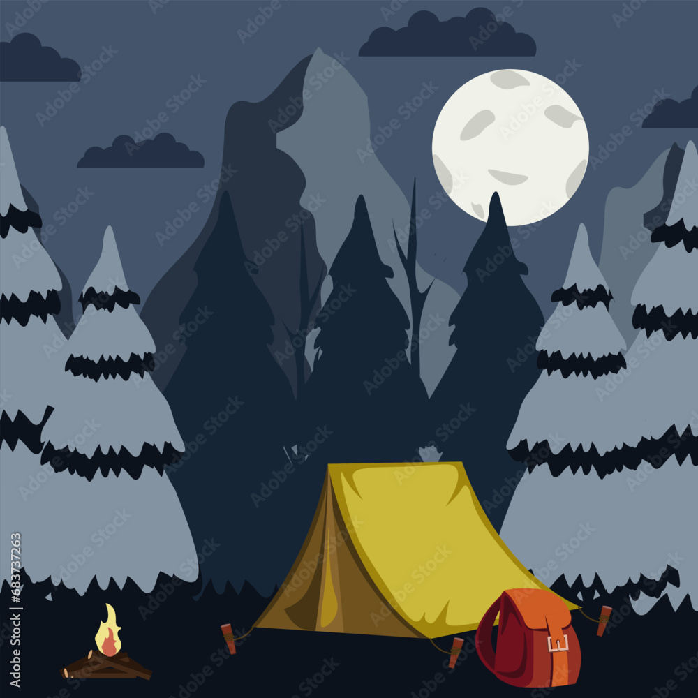 Night Nature landscape can used Travel agency banner, poster, flyer. Blue Hiking Travel design with Mountains and Travel tent. Vector illustration with Abstract in asian style.