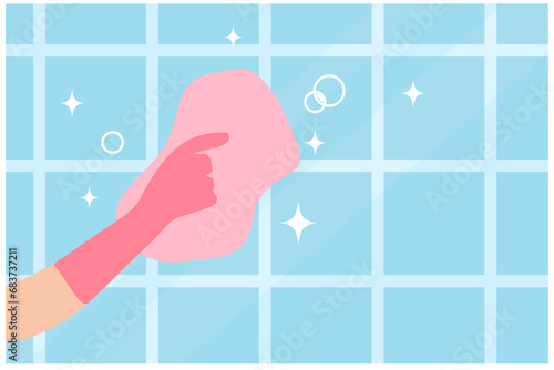 Hand wearing glove holding sponge with foam and bubbles cleaning window or wall vector Illustration. Cleaning house and cleaning service concept 