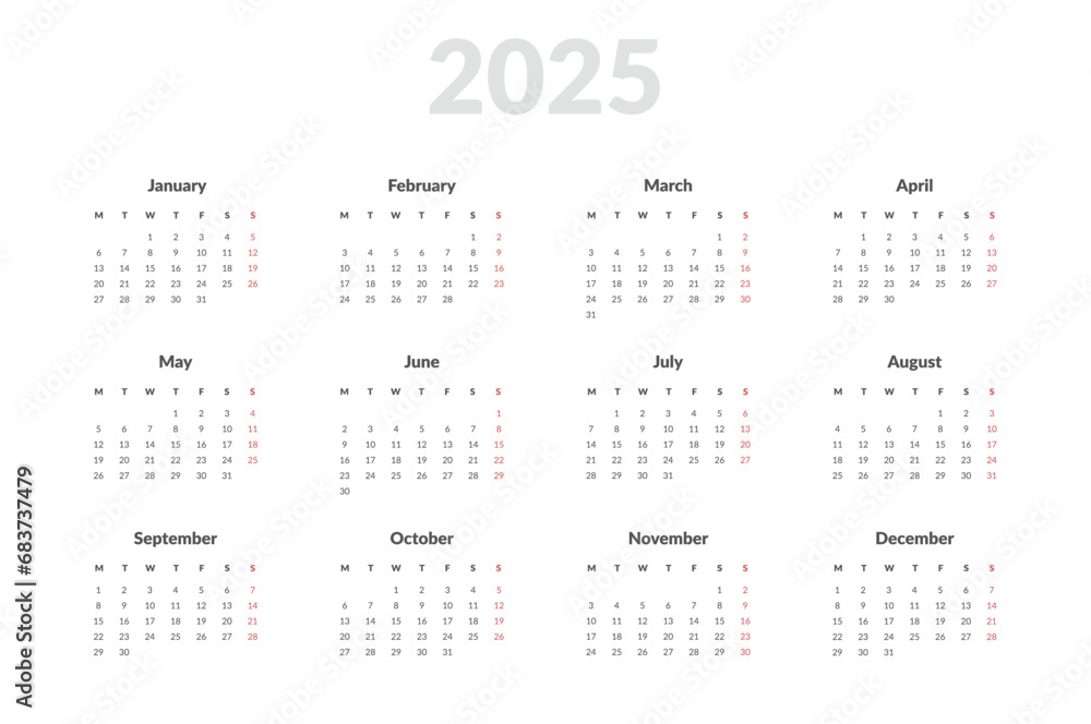 2025 Annual Calendar template. Vector layout of a wall or desk simple calendar with week start Monday. Calendar design in black and white colors, holidays in red colors. 2025 Annual Calendar template. Vector layout of a wall or desk simple calendar with week start Monday. Calendar design in black and white colors, holidays in red colors.