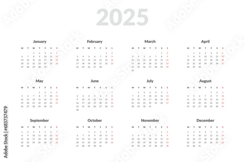 2025 Annual Calendar template. Vector layout of a wall or desk simple calendar with week start Monday. Calendar design in black and white colors, holidays in red colors.
